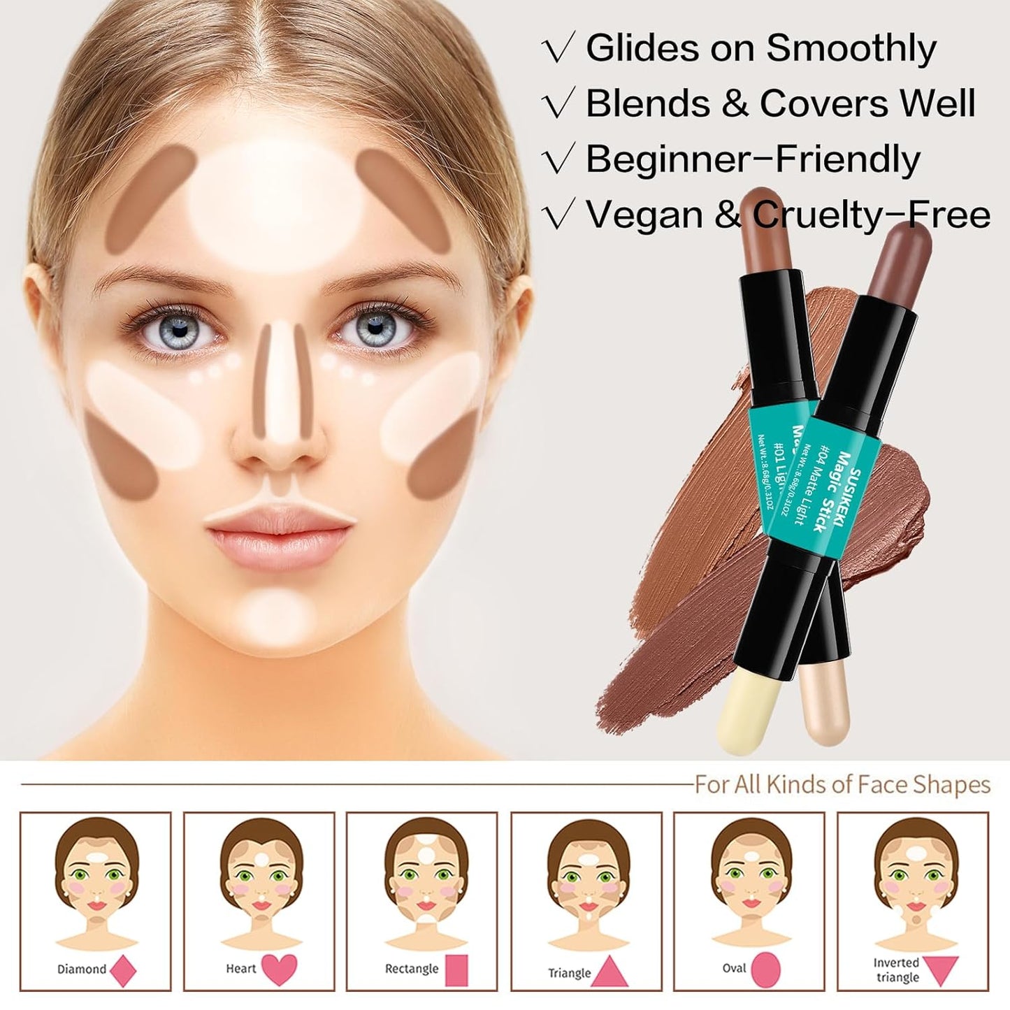 Contour Stick, 2Pcs Dual-Ended Highlighter Makeup Pen & Contouring Stick for Face Shaping, Long Lasting Waterproof Cream Bronzer & Highlight Sticks Make Up Kit for All Skin Tones (01# + 04#)