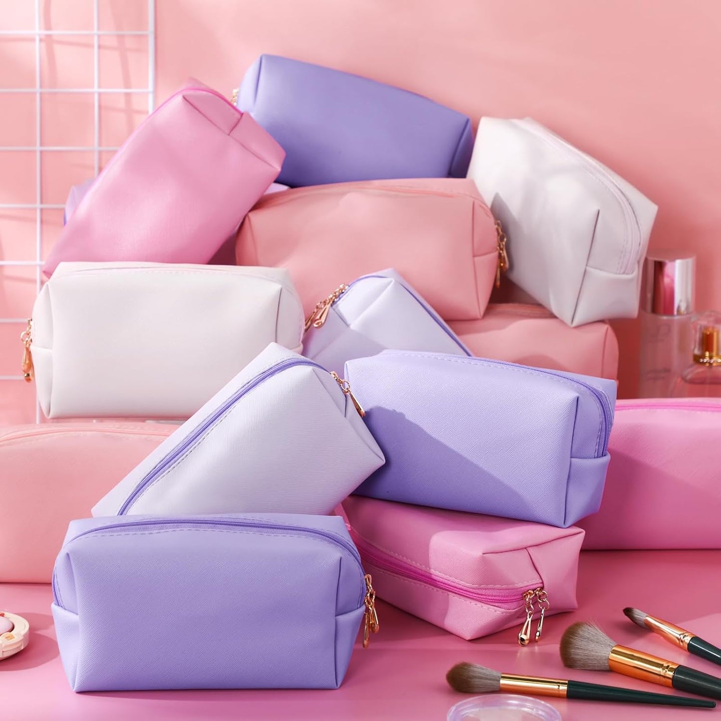 Kigeli 15 Pcs Aesthetic Makeup Bags PU Leather Cosmetic Pouches Waterproof Plain Toiletry Bags Makeup Pouches Bulk for Women Party Gift Travel Storage Organizer(Pink Purple)