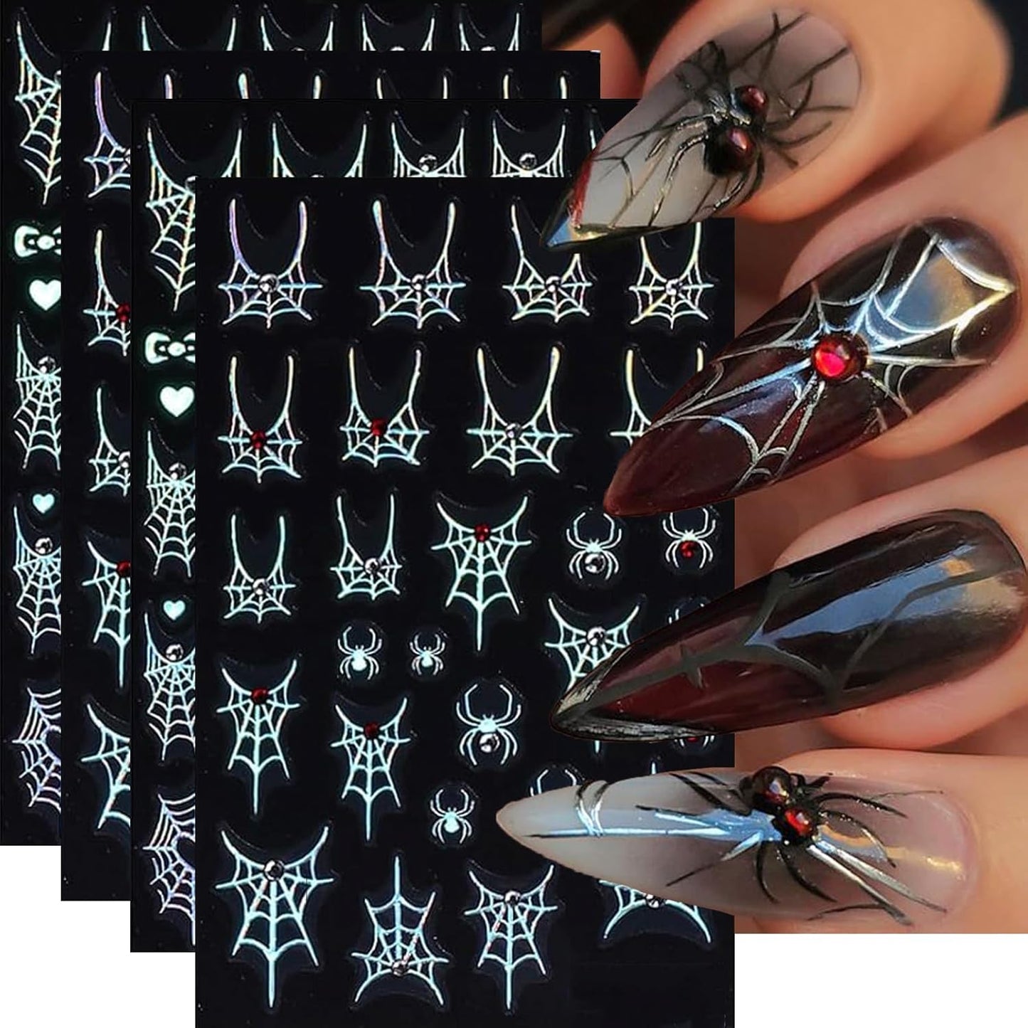 Halloween Nail Art Stickers Decals 4PCS Laser Silver Spider Web Spider Nail Decals with Rhinestone Spider Web Bow Heart Spider Nail Art Supplies Cute Nail Stickers for Women Halloween Manicure Decor