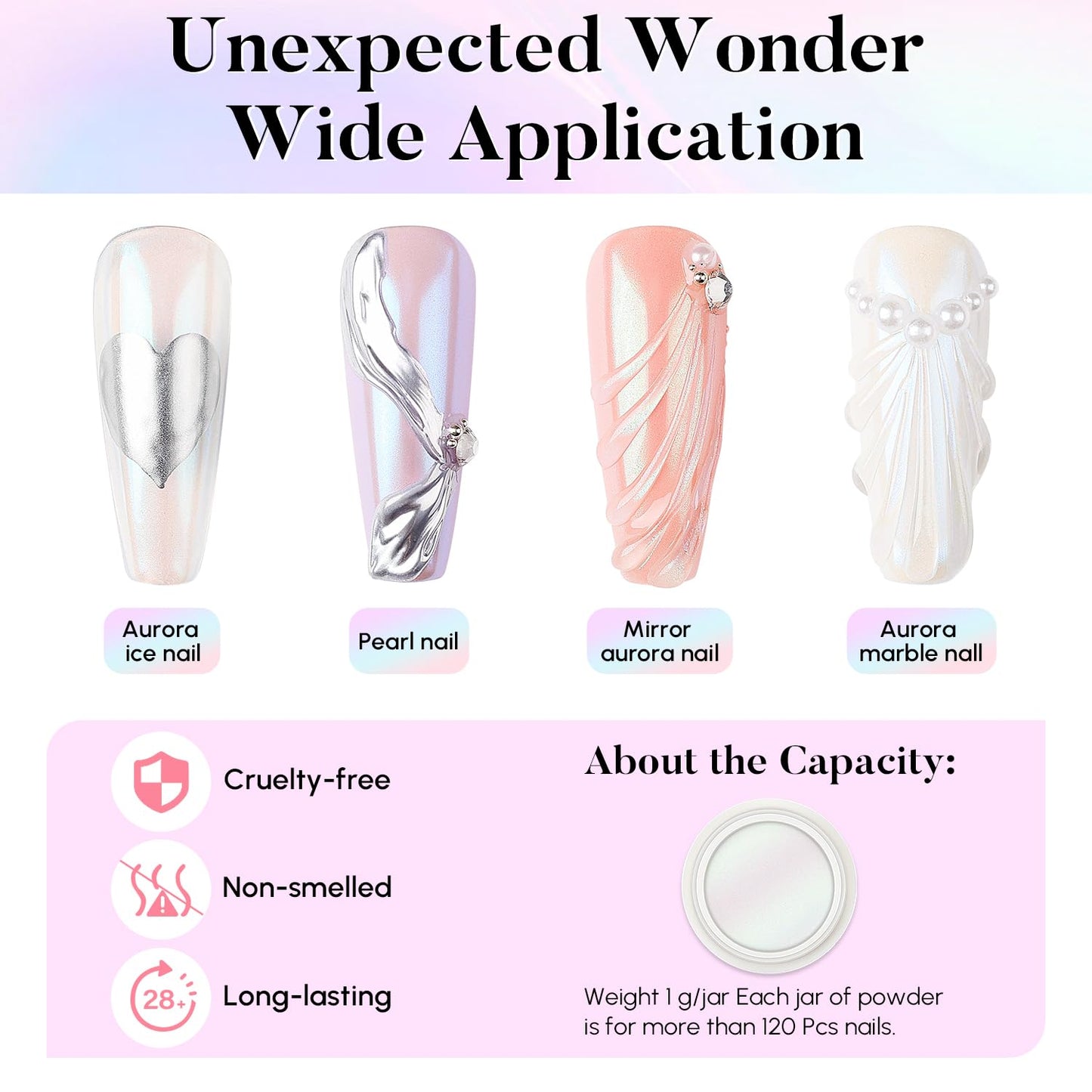 AIMEILI Pearl Chrome Nail Powder, Vegan, Cruelty Free, 8 Colors Aurora Metallic Holographic Mirror Effect Nail Art Pigment Iridescent Shell Glitter Nail Art