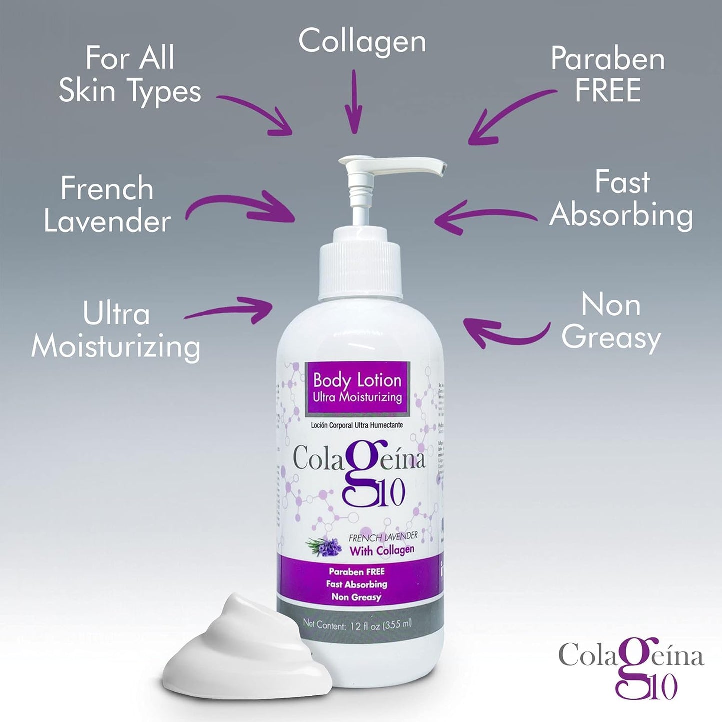 Colageina 10 Ultra Moisturizing Body Lotion (12 fl oz) - French Lavender - Non Greasy, Fast Absorbing, Anti-Aging, Daily Lotion Powered by Hydrolyzed Collagen