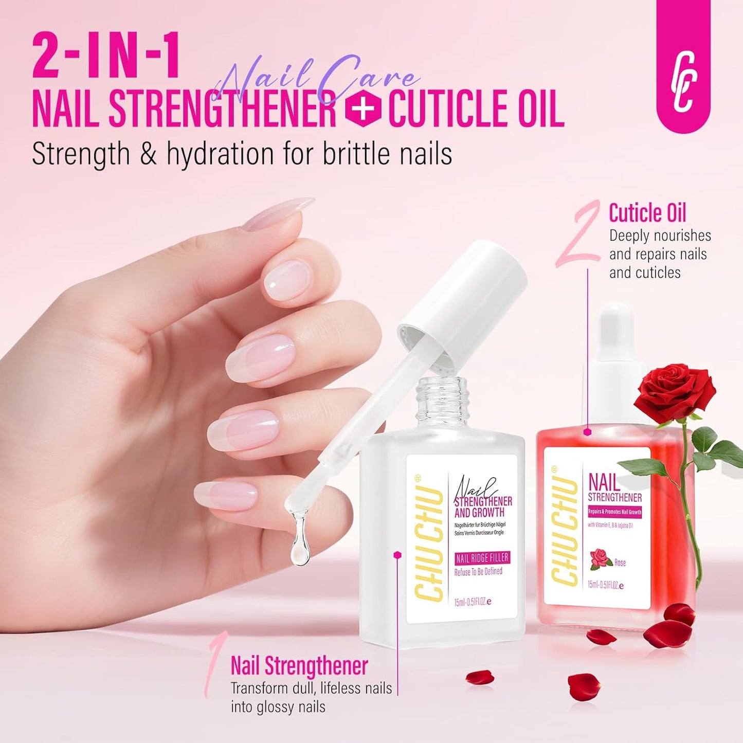 2 in 1 Nail Strengthener and Rose Cuticle Oil Set: Clear Nail Hardener Polish Extra Strong and Growth - Repair Brittle Damaged Dry Nail and Cuticle - for Women Beginner Home Salon Gift