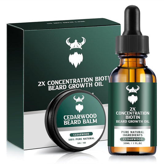 Beard Growth Kit - 2X Concentration Biotin for Men, Natural Argan, Jojoba Oils and Vitamins (Cedarwood)