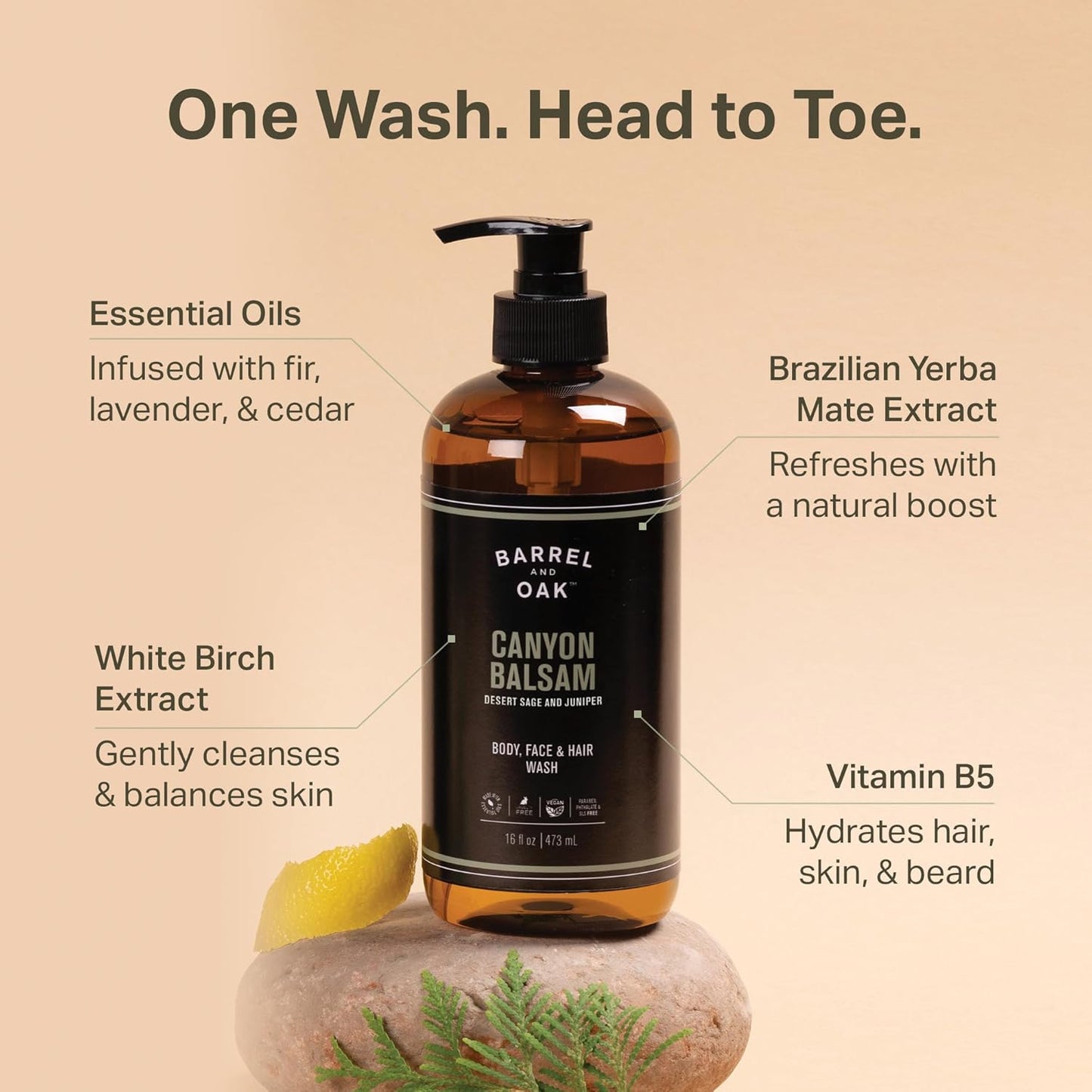 Barrel & Oak All-in-One Wash for Face, Hair, & Body, Vegan & Hydrating Face, Shampoo and Body Wash for Men, Grooming Kit Gifts for Men, Canyon Balsam, 16 oz
