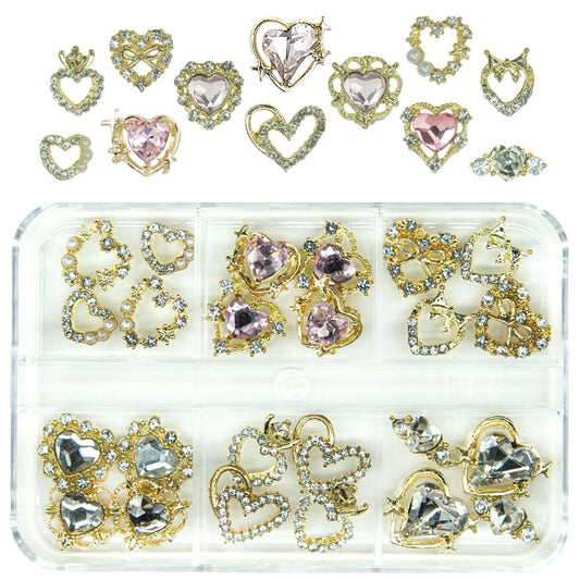 24pcs Heart Nail Charms Luxury Alloy Charms for Nails, qiipii 12 Pair 3D Gold Nail Art Rhinestones Nail Gems Golden Nail Crystal Diamonds Jewelry Stones Studs Nail Supplies Nails Decor Crafts 1 Box