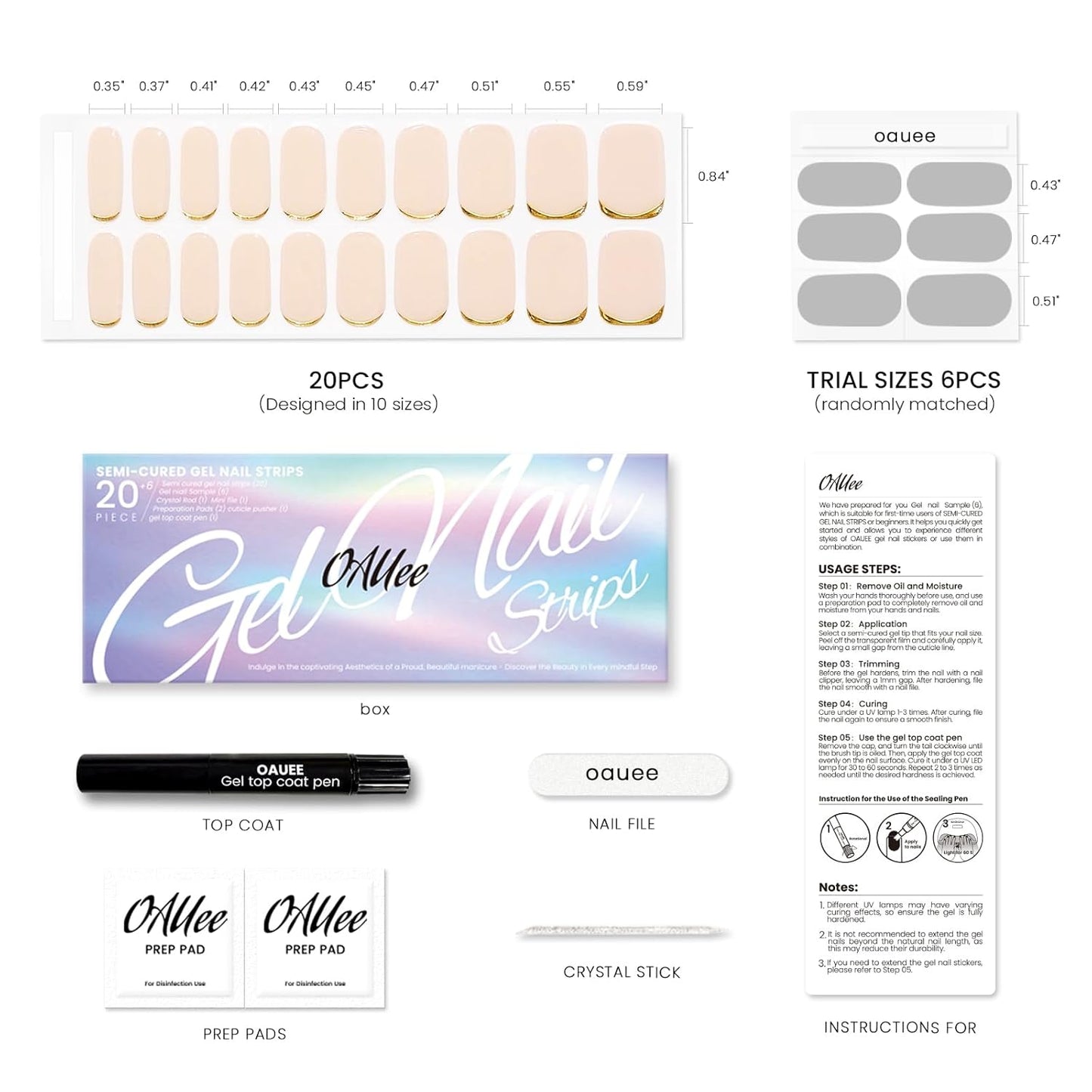 Semi Cured Gel Nail Strips | Built-In Gel Top Coat | UV Light Required | Salon Quality, Easy Application And Removal (Nude With Gold Trim)