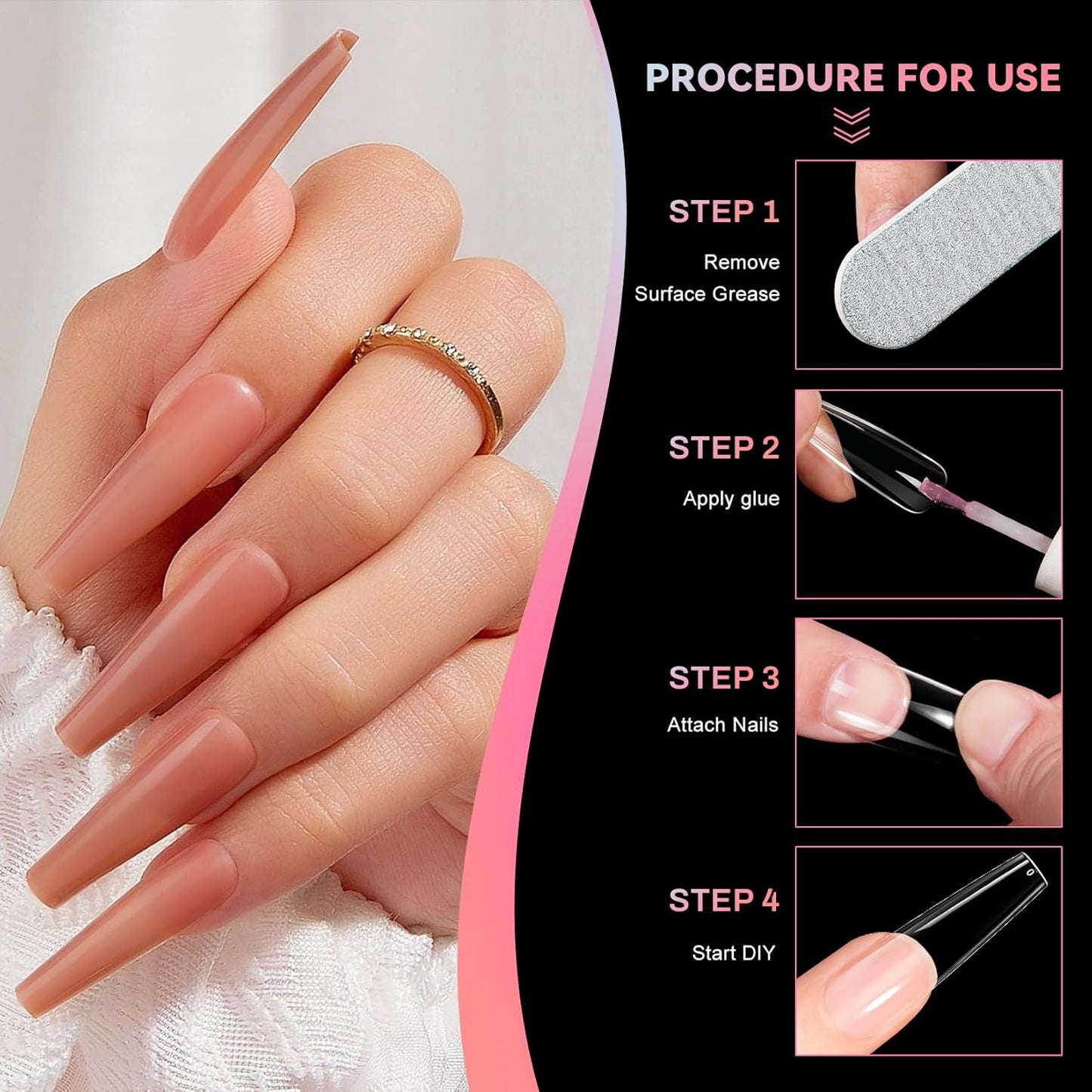 Ranrose Long Coffin Nails Tips: 240pcs XXL Acrylic Nails Clear C Curve Coffin False Nail, Full Cover Fake Nails for Nail Extension, 12 Sizes