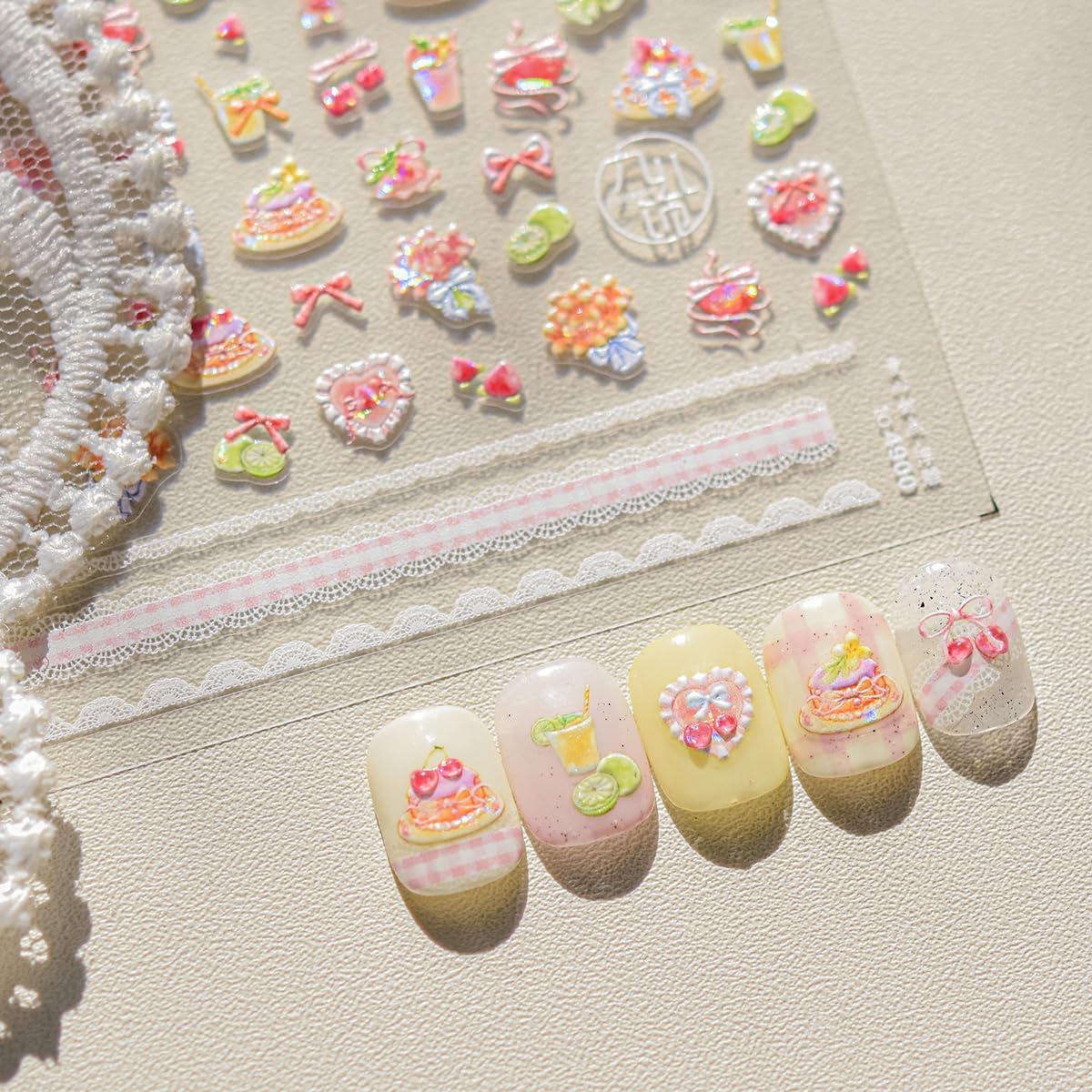 5D Embossed Shortcake Nail Stickers for Nail Art Pink Bow Heart Nail Decals Summer Cute Stickers for Nails Designs Self Adhesive Nail Supplies & Decorations for Women Girls 1 Sheet