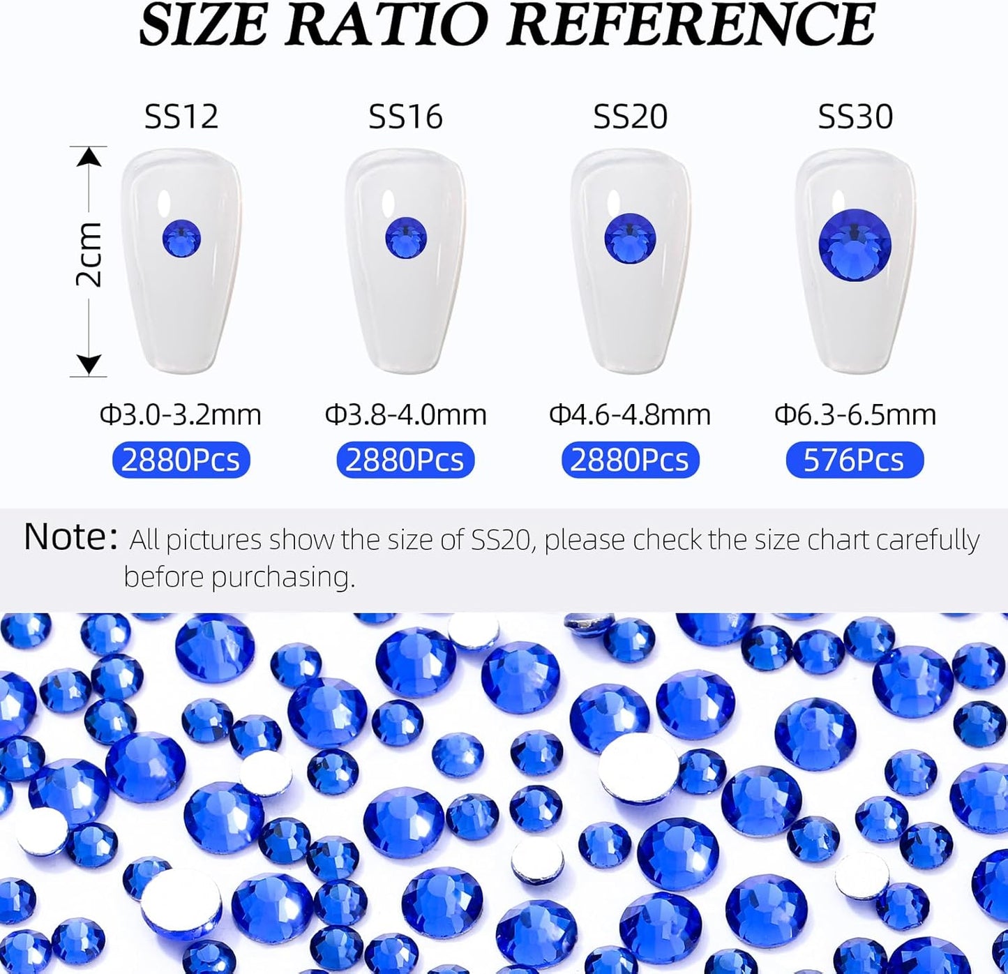 Sapphire Flatback Rhinestones, Glass Rhinestones for Nail Art and Craft, Glue Fix, Loose Crystal Gemstones(Blue, SS16, 2880pcs, 3.8-4.0mm)