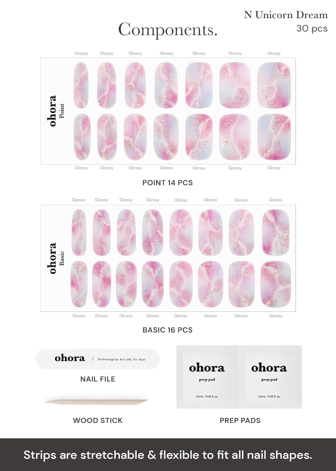 ohora Semi Cured Gel Nail Strips (N Unicorn Dream) - Works with Any Lamps, Salon-Quality, Long Lasting, Easy to Apply & Remove - Includes 2 Prep Pads, Nail File & Wooden Stick