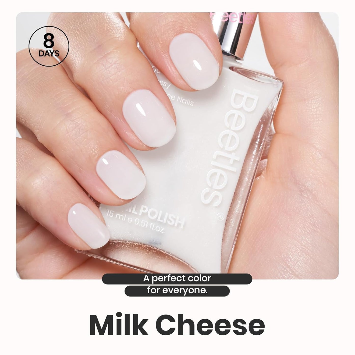 Beetles White Nail Polish - 15ml Milky White Nail Polish with 2 in 1 Base Top Coat Quick Dry & Long Lasting Nail Polish Set Milk Cheese Nail Strengthener Polish Gift for Women Girls