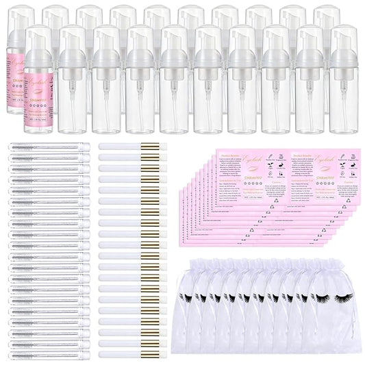 100 Pcs Lash Shampoo Bottle Brushes Set 20 Empty Foam Pump Dispensers 20 Label Stickers 20 Mascara Wands and Tubes 20 Cleansing Brush 20 Bag for Eyelash Extensions Aftercare(White)