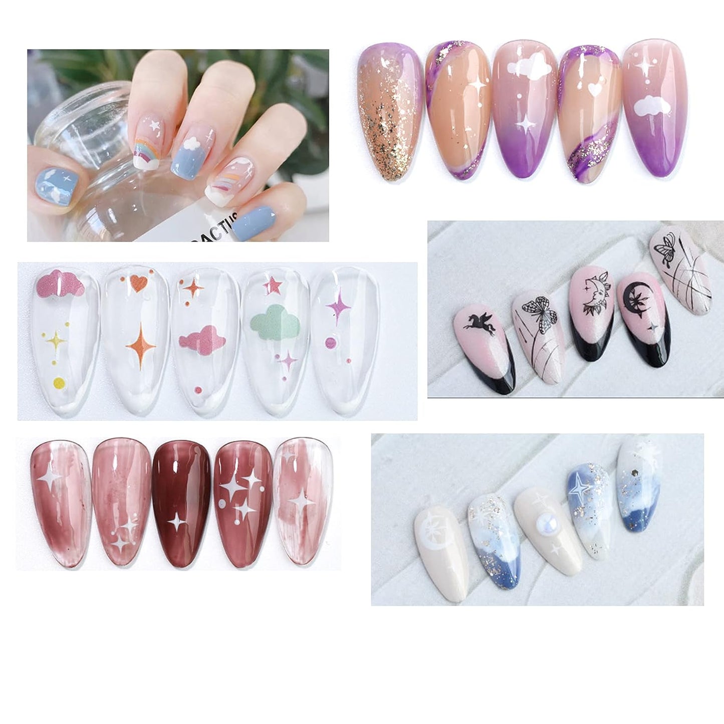 9 Large Sheets Starry Sky Star Cloud Wrangler Moon Rainbow Heart Nail Art Stickers for Women Girls Kids-3D Self Adhesive Star and Sky Series Nail Decals for Natural Fingernails and Acrylic Nail Decor