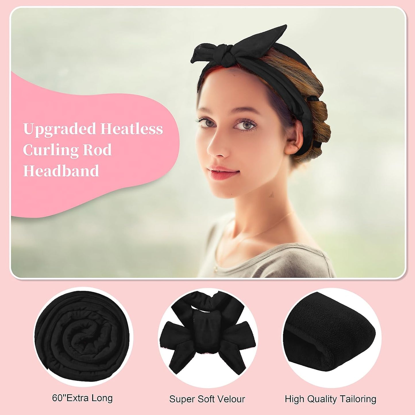 Heatless Curling Rod Headband, Upgraded 60" Extra Long Soft Hair Curlers to Sleep In, No Heat Curls for Girls Long Hair Medium Hair (Black)