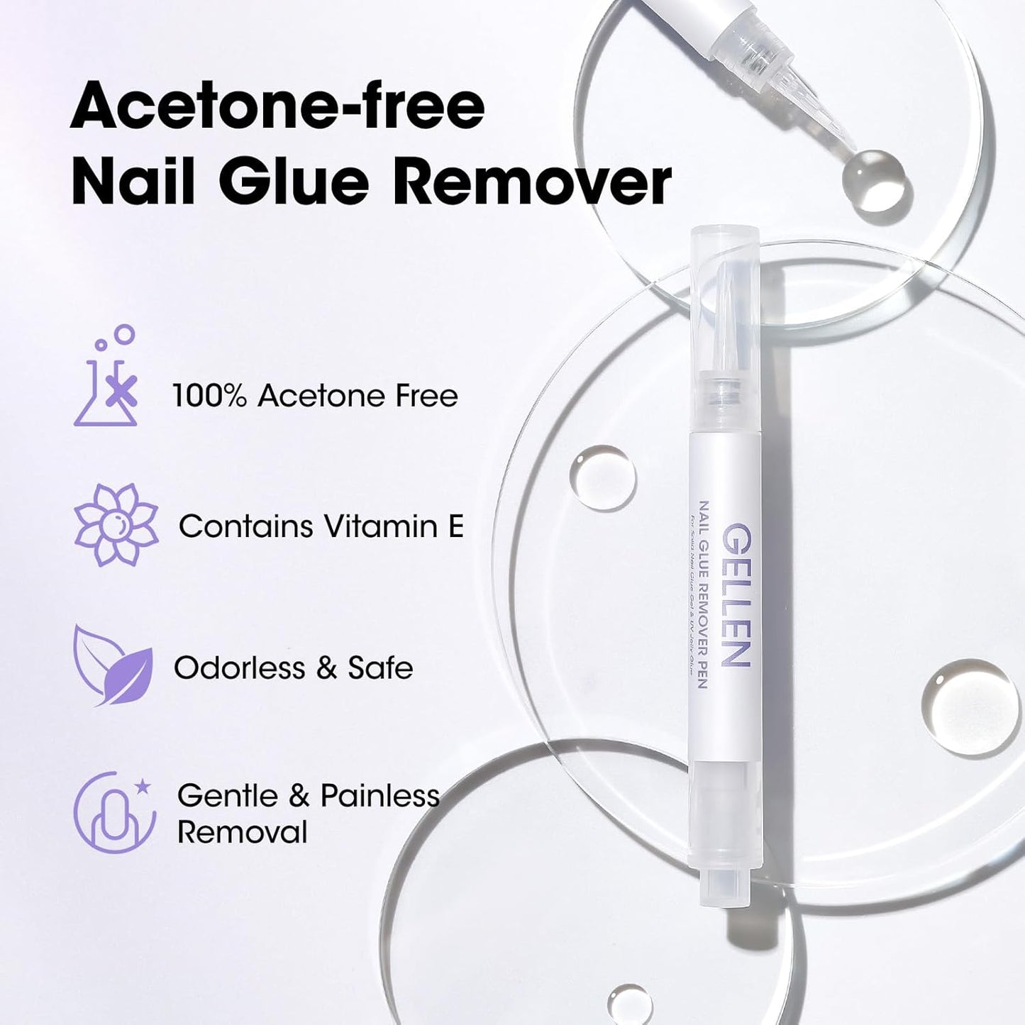 Gellen Nail Glue Remover, 2 Pcs Upgraded Glue Remover Pen for Press on Nails, Non Acetone Press on Removal, 10s Quick Remove for Nail Tips Fake Nails Solid Glue Gel