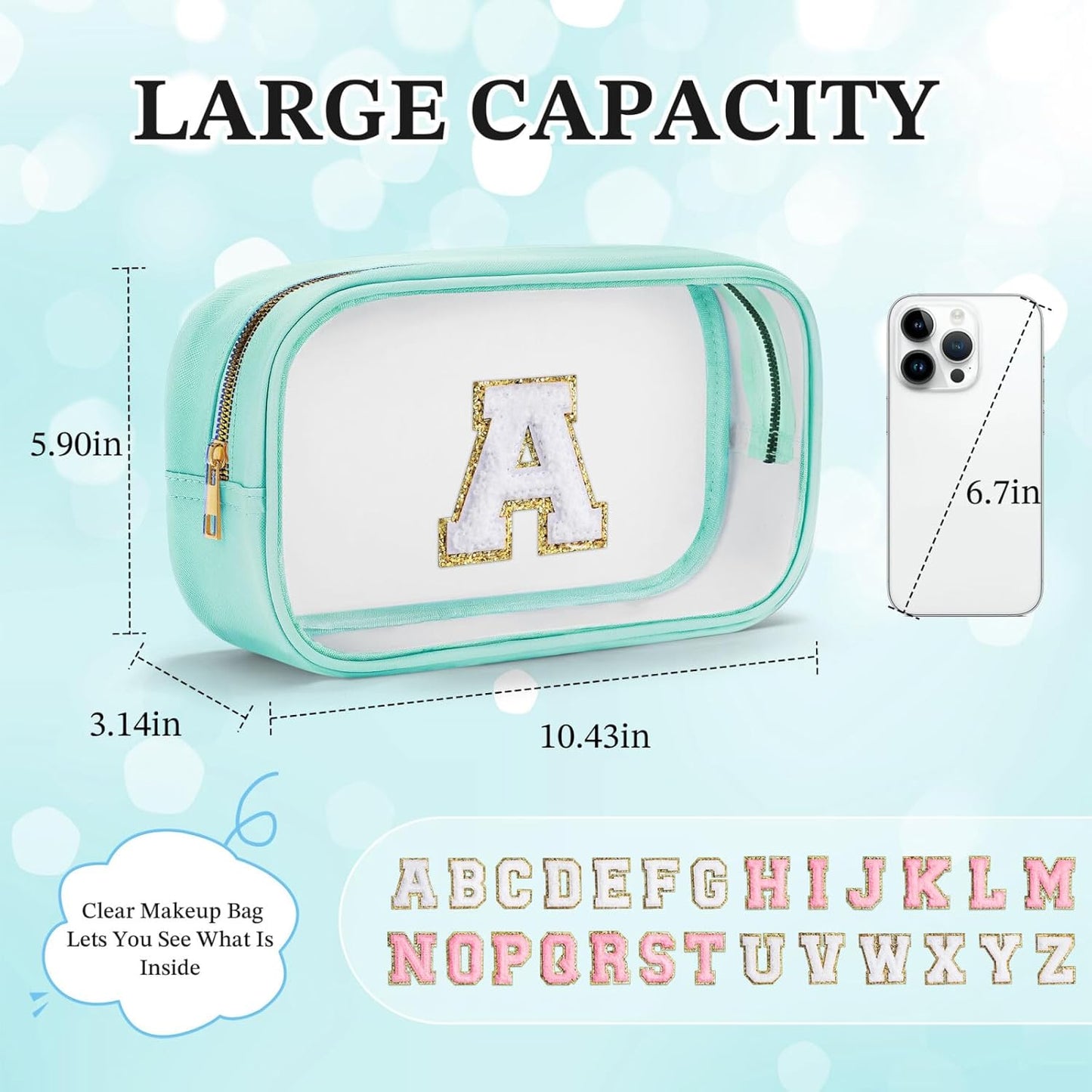 YOOLIFE Initial Clear Makeup Bag | Travel Clear Makeup Bag | Travel Beach Toiletry Bag | Car Organizer Essentials for Women | Waterproof Large Clear Travel Toiletry Bag | Teacher Birthday Gifts Blue K