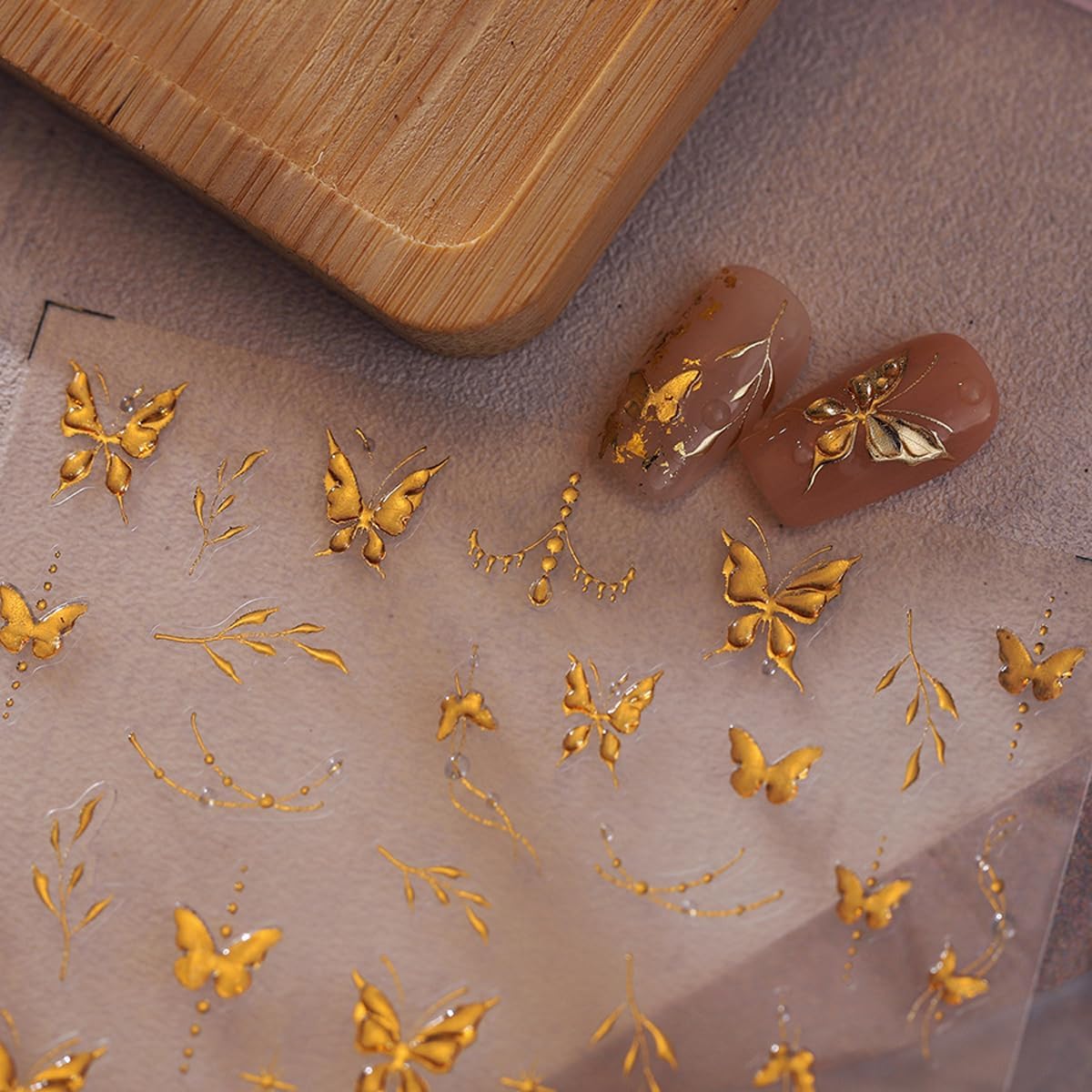5D Embossed Nail Stickers for Nails Art Butterfly Nail Art Stickers Gold Nails Decals Self Adhesive with Leaf Design Nails Art Decals for Women Manicure Supplies Decorations Accessories