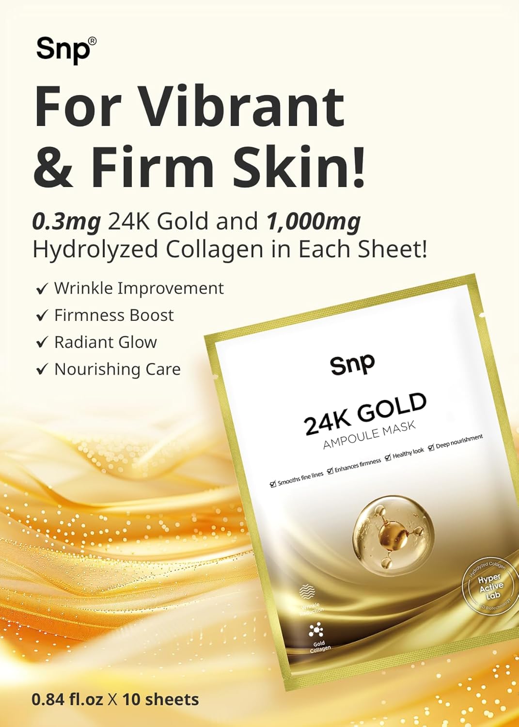 SNP 1000mg Collagen + 24K Gold Ampoule Sheet Mask | Collagen Face Masks Skincare | Tightening, Hydrating, and Nourishing | Korean Skin Care | Overnight Face Masks | Moisturizing Face Mask | 10 Sheets