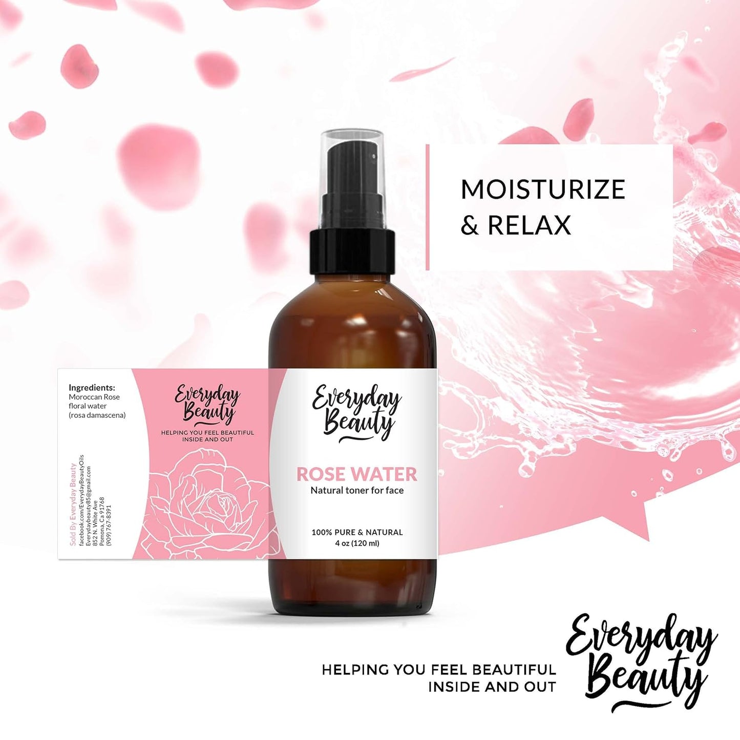 Rose Water Facial Toner - Alcohol-Free Vegan All Natural Refreshing Spray Mist for Face and Hair - Uplifts, Calming & Soothing for All Skin Types 4oz with Fine Mist Cap