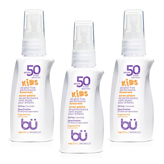 BU SPF 50 Kids Sunscreen Spray for Face and Body, Non Aerosol Spray, Fragrance Free, Clear, Non Greasy, Water Resistant, Fragrance Free 1 oz (3 Pack)