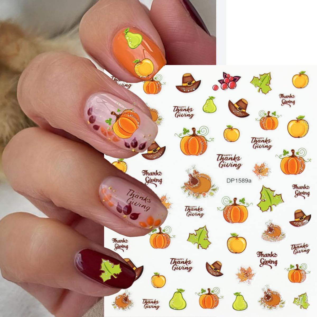 Autumn Nail Stickers Pumpkin Nail Art Stickers Fruit Nail Decals Fallen Leaves Maple Leaf Pear Grapes Hat Design Orange Thanksgiving Sticker for Nails DIY Manicure Decoration for Women 6 Sheet