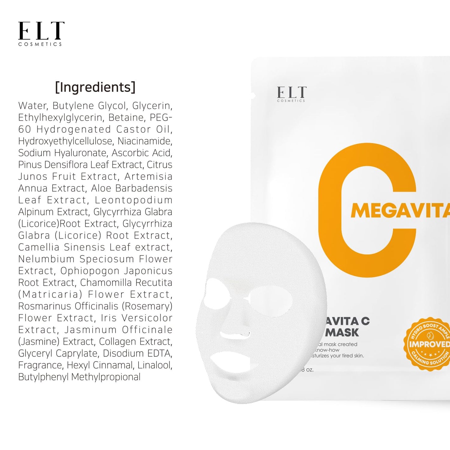 ELT Mega Vitamin C Sheet Mask, (25 g / 0.88 oz.) 10 EA Korean Face Mask, Brightening Sheet Mask, Soothing Facial Mask, Wrinkle Fighting, Deep Collagen Mask, Korean Skin care