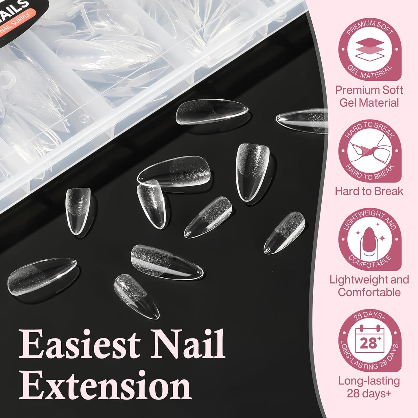 Medium Almond Nail Tips, 504pcs Soft Gel Pre-Filed Acrylic Almond Fake Nails, Half Matte Full Cover Clear Press on Flase Nail Tips for Nail Extension Home DIY 12 Sizes