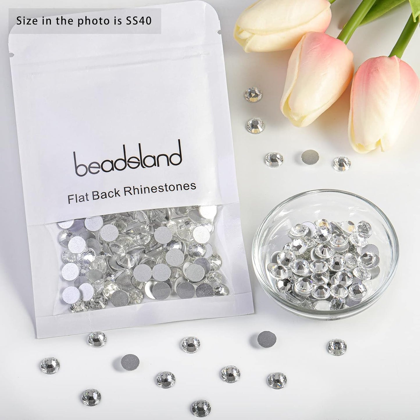 beadsland Flat Back Crystal Rhinestones Round Gems for Nail Art and Craft Glue Fix, Crystal (8.4-8.7mm) SS40/144pcs