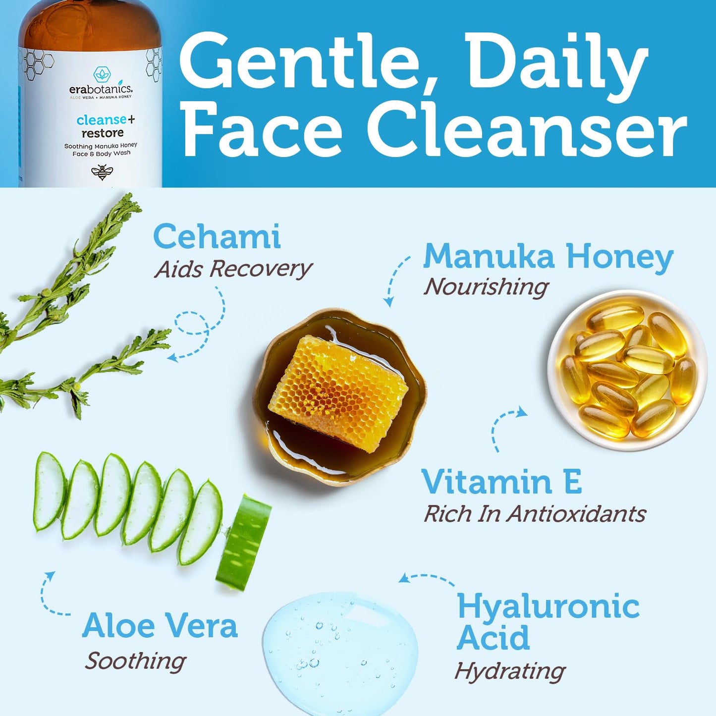 Era Organics Manuka Honey Face Wash for Women, Men - Sulfate Free Moisturizing Cleanser, Organic Aloe Vera - Soothing Plus Gentle on Dry Skin Facial Cleanser Made in USA - 8oz