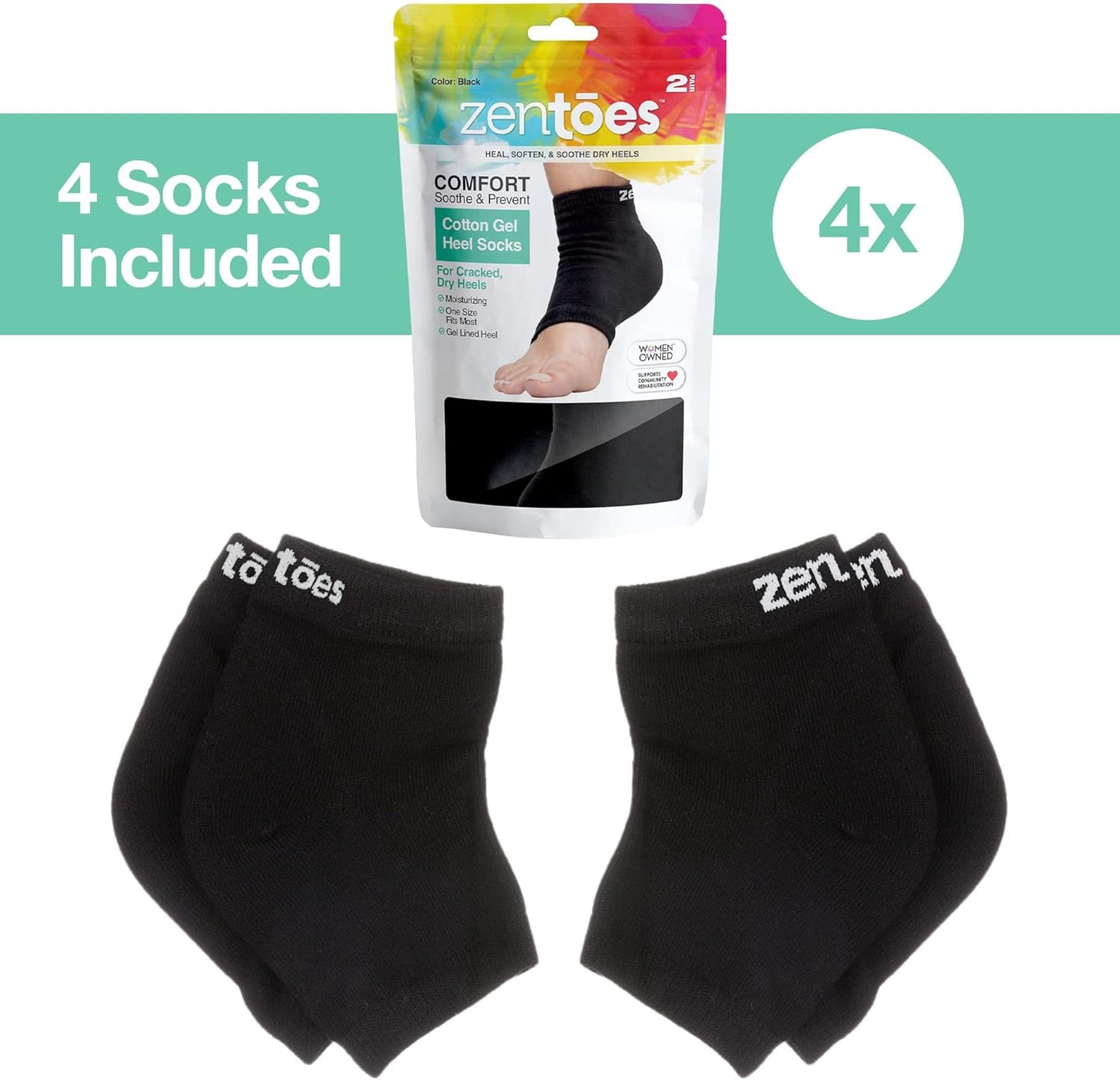 ZenToes Moisturizing Socks for Cracked Heel Treatment - Vitamin E, Olive Oil and Jojoba Oil Infused Heel Socks to Soften and Hydrate (Cotton Black, Regular)