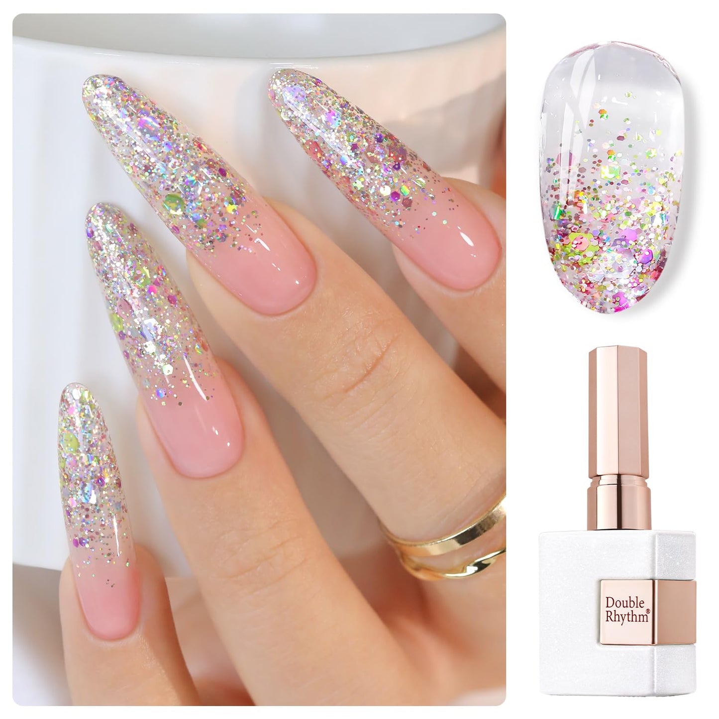 Double Rhythm 0.5Oz Glitter Gel Polish Shimmer Reflective Color for Nail Art Salon DIY Soak Off 15ml Nail Lamp Gel Polish at Home (Rainbow Gold-B1054)