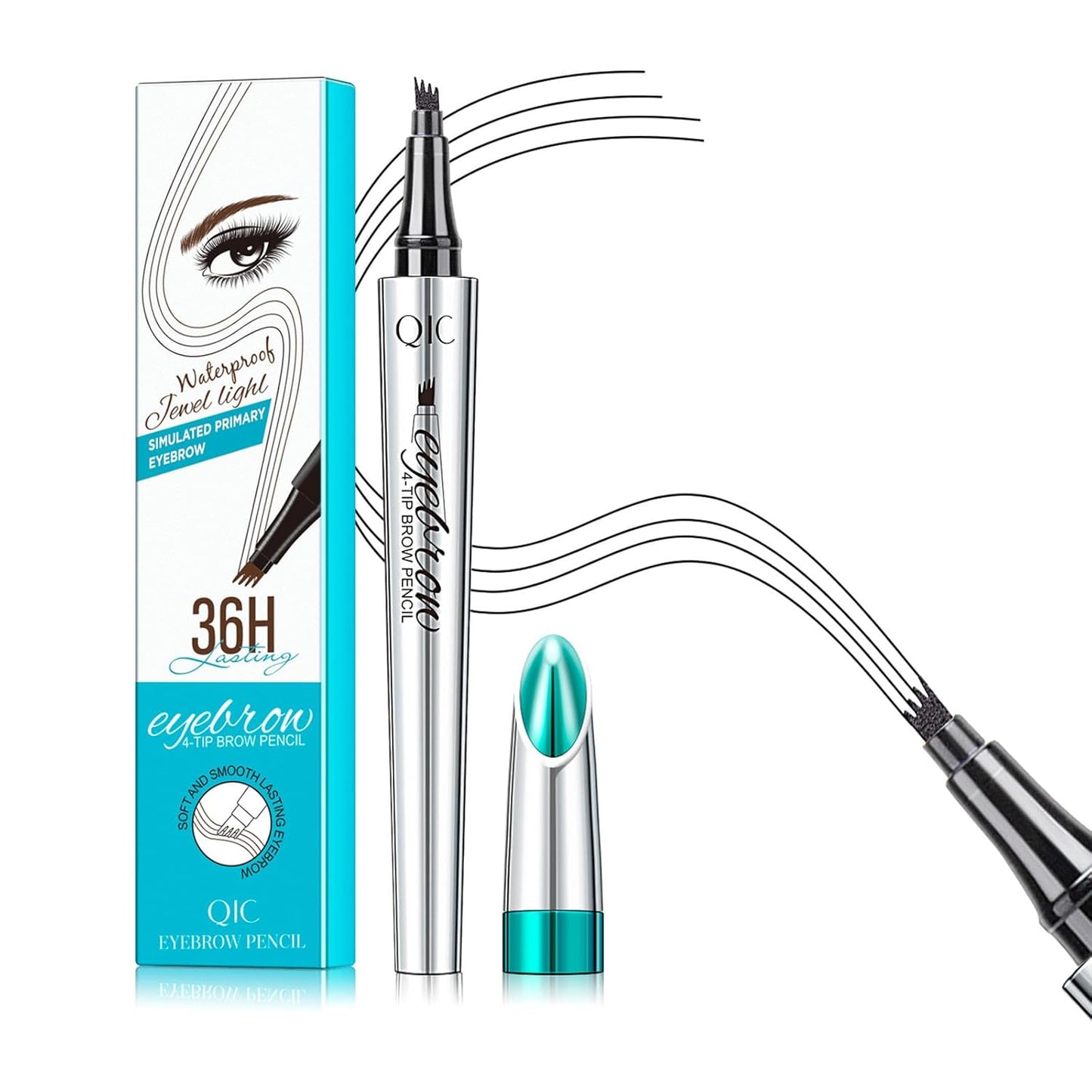 QIC Eyebrow 4 Tip Brow Pencil, Microblading Pen Waterproof Long-Lasting with Upgrade Micro-Fork Tip Applicator for Natural Brows (Black-04)