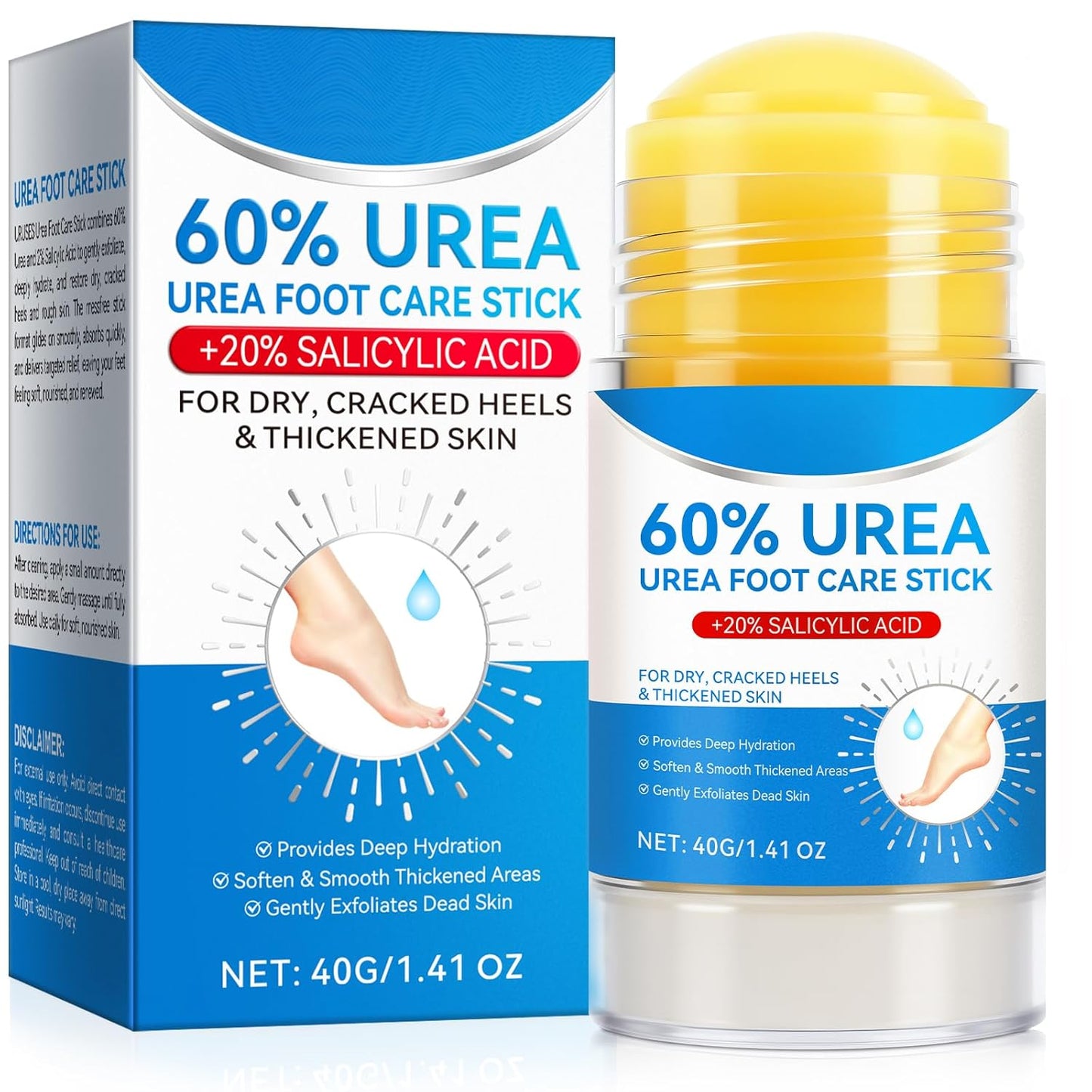 Urea Foot Care Stick, 60% Urea with 2% Salicylic Acid Foot Cream Moisturizer for Dry Cracked Feet, Knees, Elbows, Hands, Moisturizes and Hydrates the Dry Skin, Callus Remover & Skin Softener 1.41 oz