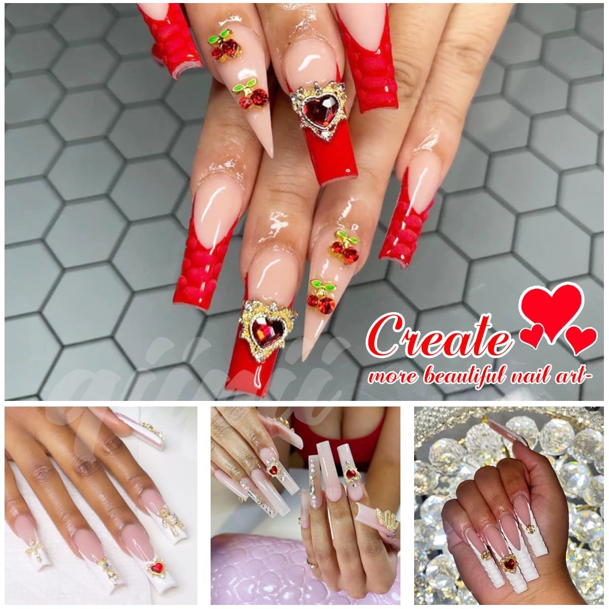 24pcs Red Luxury Nail Charms +2000pcs Ruby Red Rhinestones 3D Big Nail Gems K9 Glass Nail Crystals Diamonds Jewelry Stones Alloy Nail Art Studs Decor Supplies Heart Charms for Arylic Nails Crafts DIY