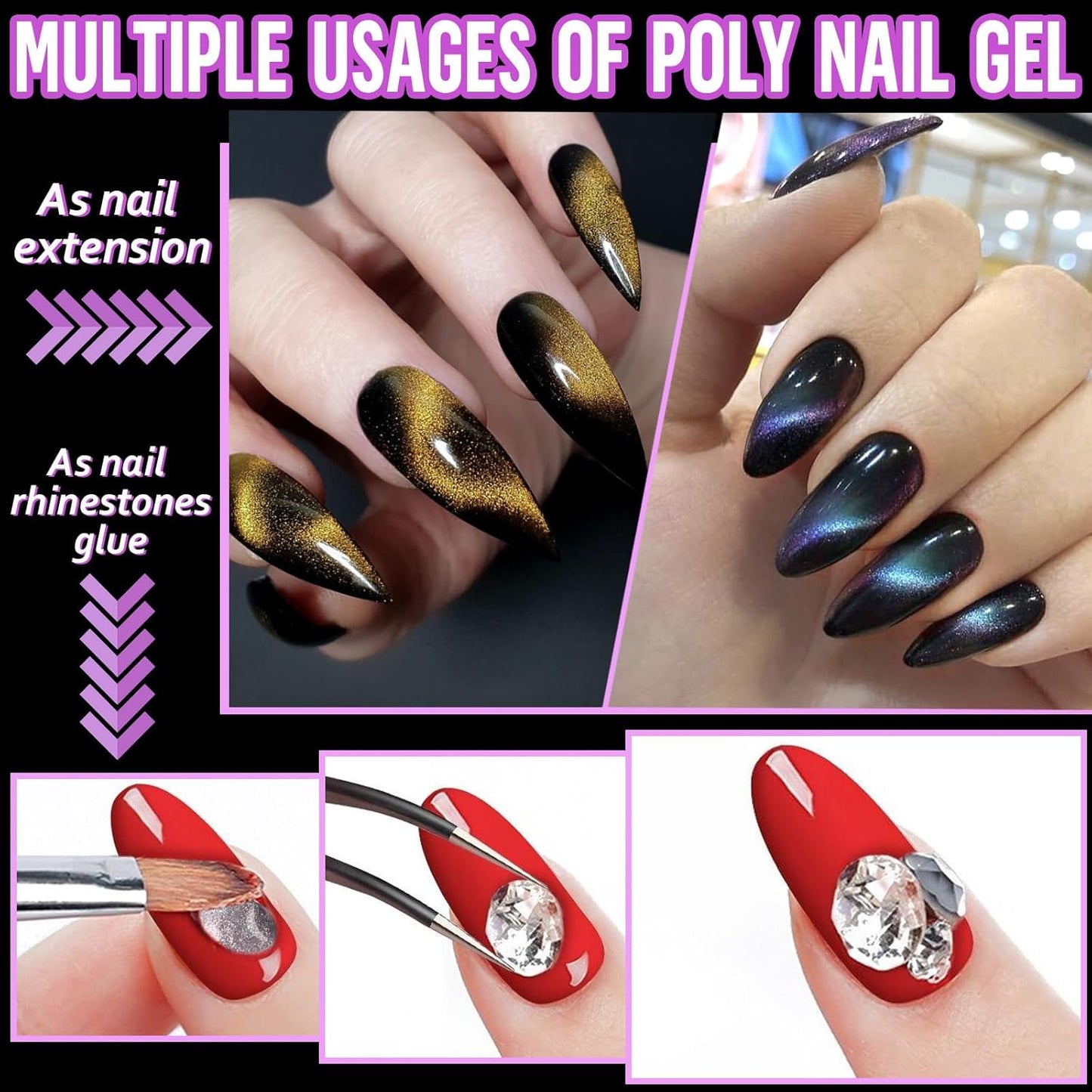 Poly Gel Nail Kit, EBANKU Cat Eye Poly Nails Extension Gel 6 Colors Glitter Magnetic Builder Gel Professional Nail Enhancement Kit for Halloween Women DIY