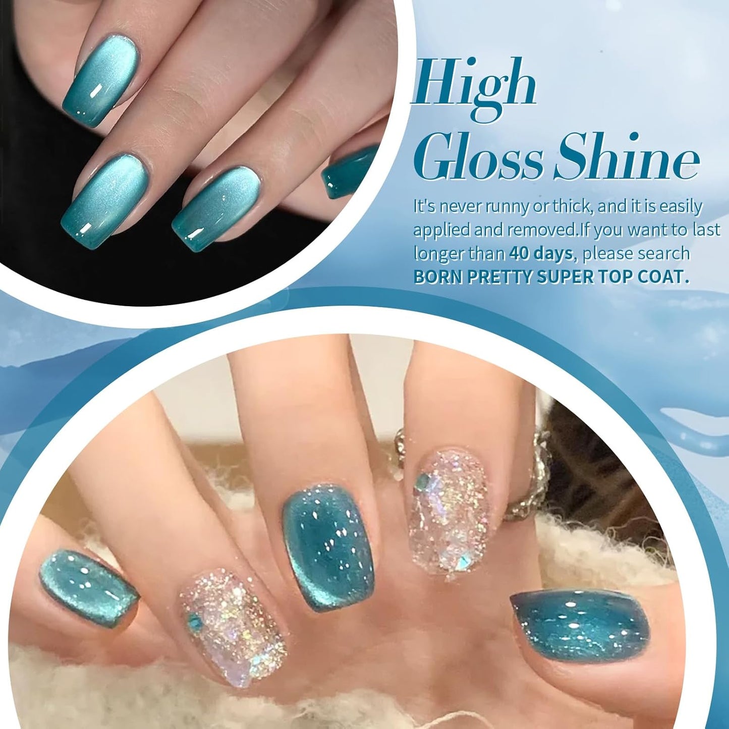 BORN PRETTY Magnetic Gel Nail Polish Blue Water Light Cat Magnetic Eye Gel Jelly Glass Crystal Magnetic Gel Polish Glitter Shimmer Auroras Magnetic Gel Nail Art Manicure Kit 6PCS