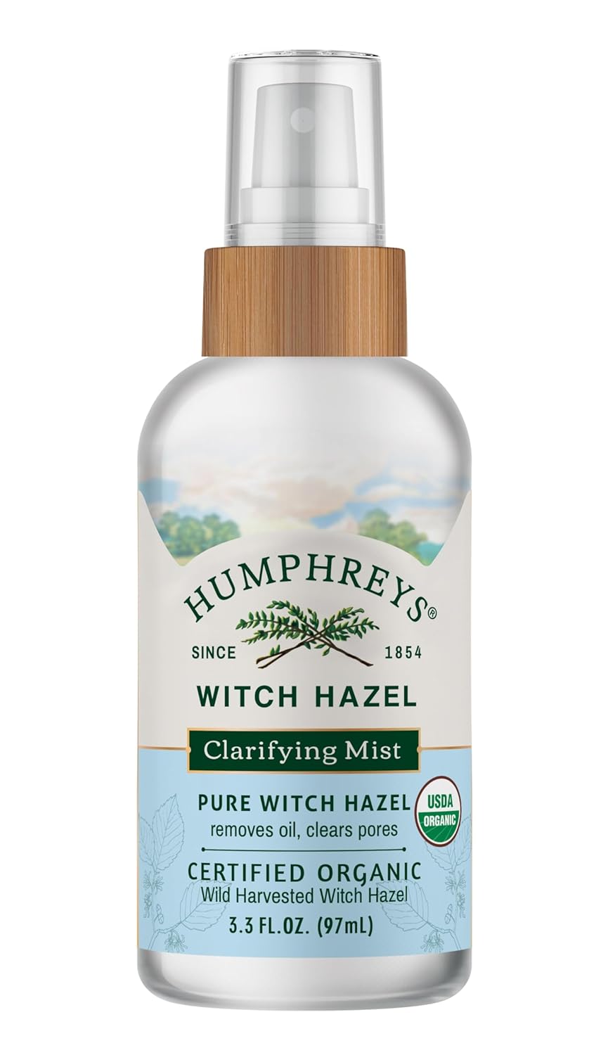 Humphreys Witch Hazel Clarifying Toner Mist Spray | Wild Harvested Witch Hazel | USDA Organic| Travel Size 3.3 Fl Oz | Fragrance Free | Clears Pores & Removes Oil
