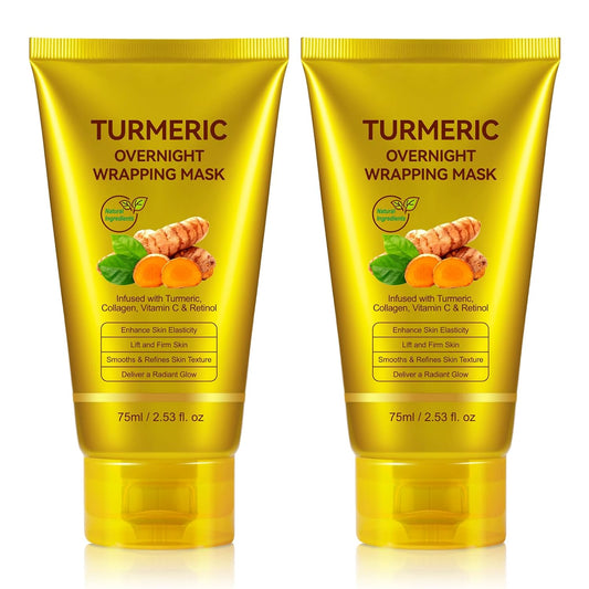 2 Pack Turmeric Vitamin C Collagen Overnight Wrapping Peel Off Mask for Lifting & Firming Face/Neck, Saggy/Dull/Roughed Skin treatment for Clear, Dewy, Radiant Face, 2.53 Oz/75 ML