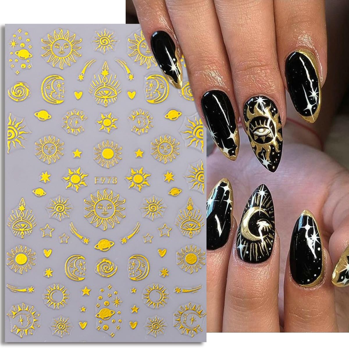 8 Sheets Metallic Sun Star Moon Nail Art Stickers 3D Self-Adhesive Gold Decals Sun God Asterisk Snake Eyes Design for Women Acrylic Nails DIY Decoration Supplies