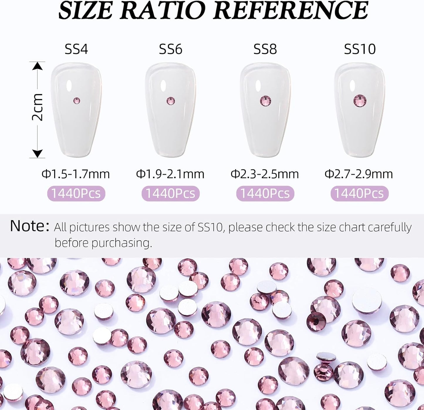 Light Amethyst Flatback Rhinestones, Glass Rhinestones for Nail Art and Craft, Glue Fix, Loose Crystal Gemstones(Lt.Amethyst, SS6, 1440pcs, 1.9-2.0mm)