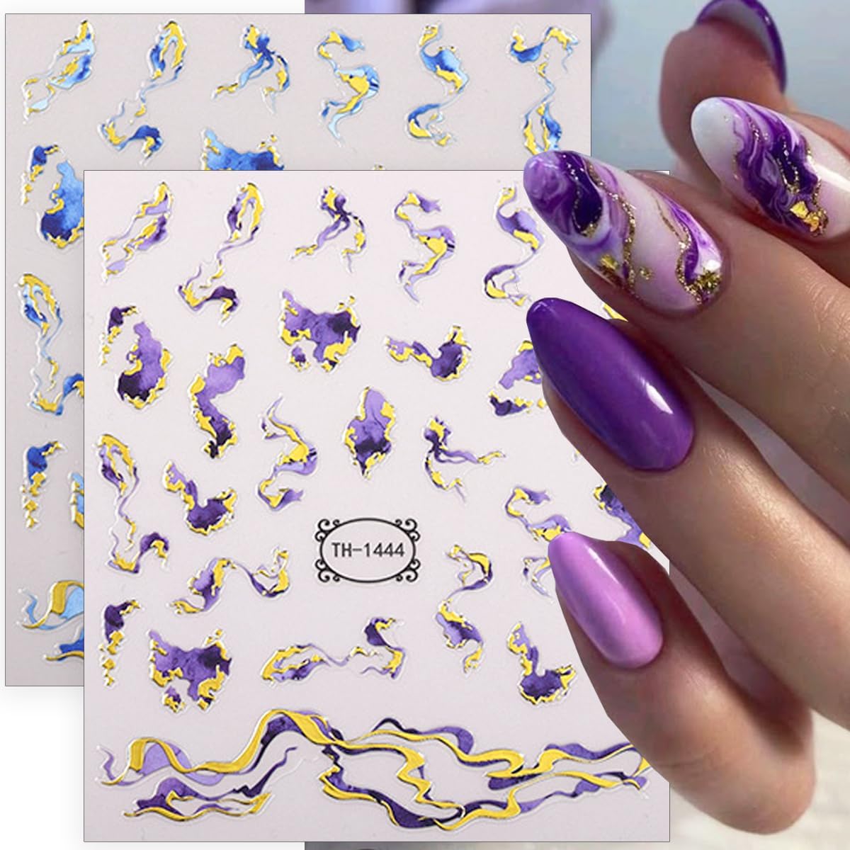 6 Sheets Marble Nail Stickers French Nail Art Stickers Decals 3D Self-Adhesive Design Bronzing Gold Nail Decals Blue Purple Brown Geometric Lines Abstract Nails Tip Decoration for Women Girls
