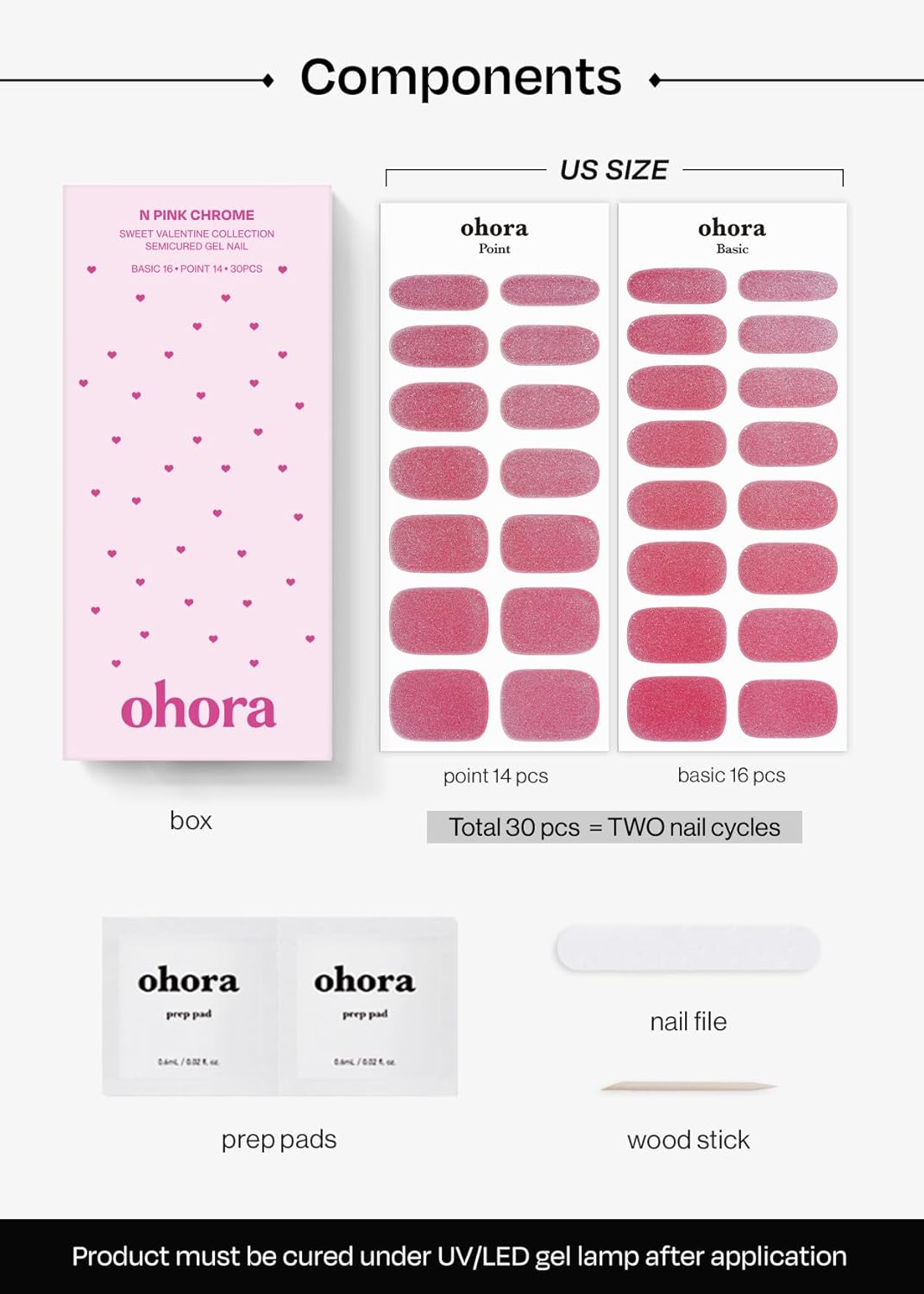 ohora Semi Cured Gel Nail Strips (N Pink Chrome) - Pink, Chrome, Works with Any UV/LED Lamps, Salon-Quality, Long Lasting, Easy to Apply & Remove - Includes 2 Prep Pads, Nail File & Wooden Stick