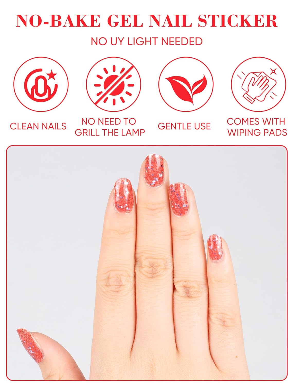 Self-Adhesive Semi Cured Gel Glitter Nail Strips No UV Light Needed, 48 Pcs Press on Color Nail Design Polish Stickers Kit with Nail Files for Women (Deep Red)(Deep Red)