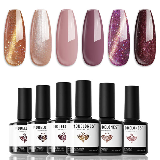 modelones Gel Nail Polish Set, 6 Colors Nude Brown Gel Polish Glitter Burgundy Shiny Champagne Gold Magnetic Cat Eye Effect Sparkle Stunning Home Nail Art Kit Gift for Girl Women