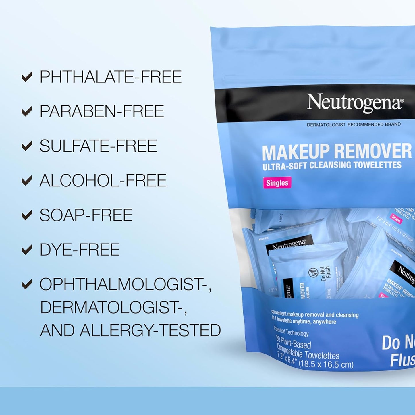 Neutrogena Makeup Remover Wipes Singles, Individually Wrapped, Daily Facial Cleanser Towelettes, Gently Removes Oil & Makeup, Alcohol-Free, 20 ct