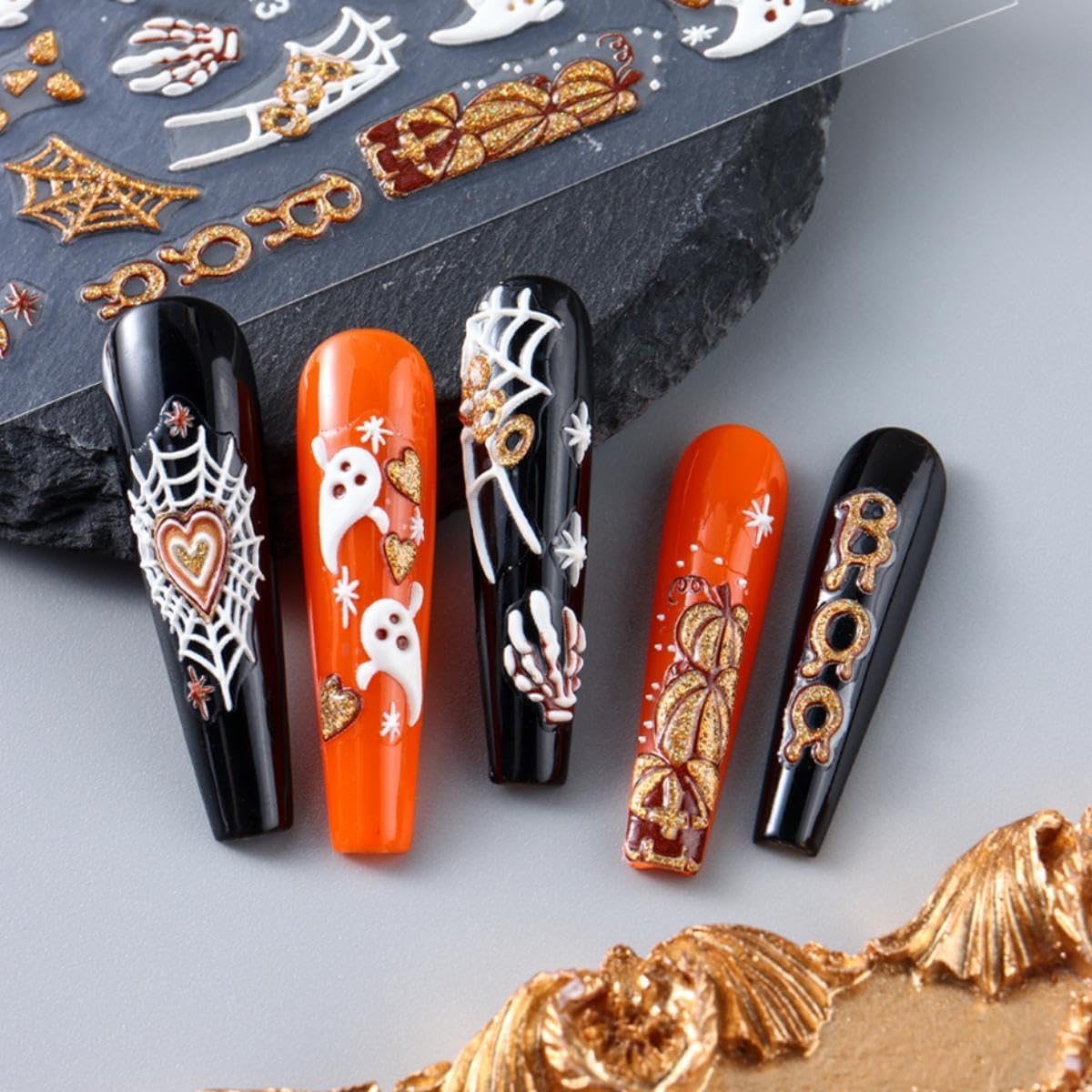 Halloween Nail Art Stickers Ghost Nail Stickers Gold Nails Art Decals 5D Self Adhesive Spider Web Nails Charms for Women Girls Manicure DIY Decoration