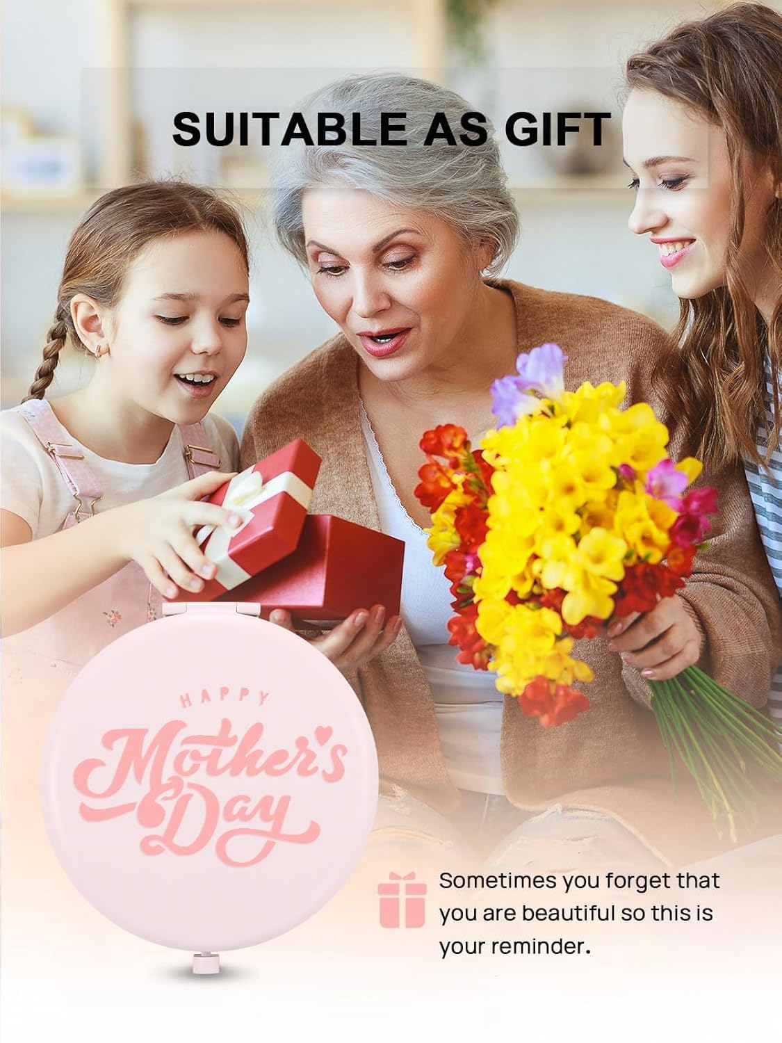 Compact Mirror for Purse, Pack of 6 Double-Sided 1X/2X Magnifying Round Metal Pocket Makeup Mirrors (Round, Pink Marshmallow)