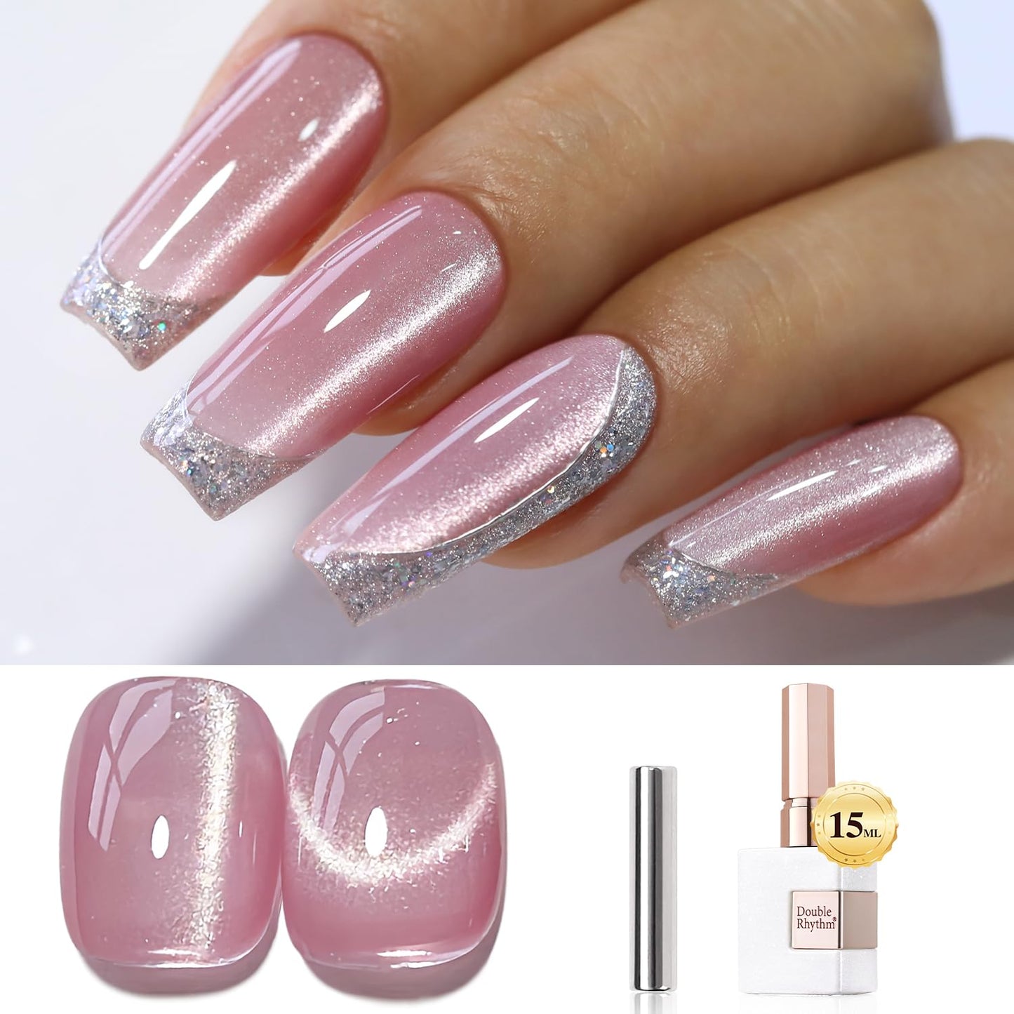 Double Rhythm 0.5 OZ Cat Eye Gel Polish with Magnet 15ML Holographic Glitter Shimmer Translucent Jelly Color Magnetic Polish Salon DIY at Home (MC1058)
