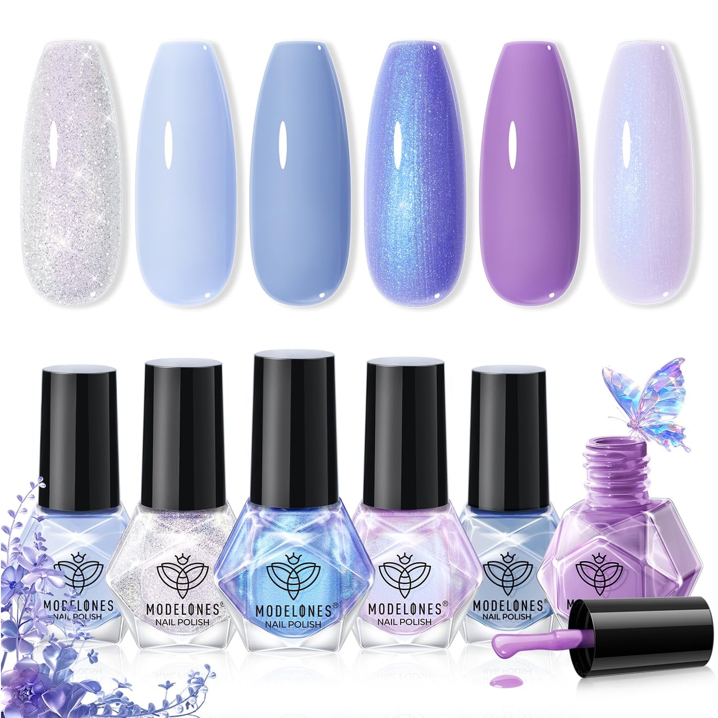 modelones Nail Polish Set, 6 Colors 2025 Baby Blue Purple Nail Polish Set Shimmer Glitter Sliver Fast Drying Mini Nail Lacquer Kit Finger Manicure DIY Nail Art Home Salon Gift for Women Girl