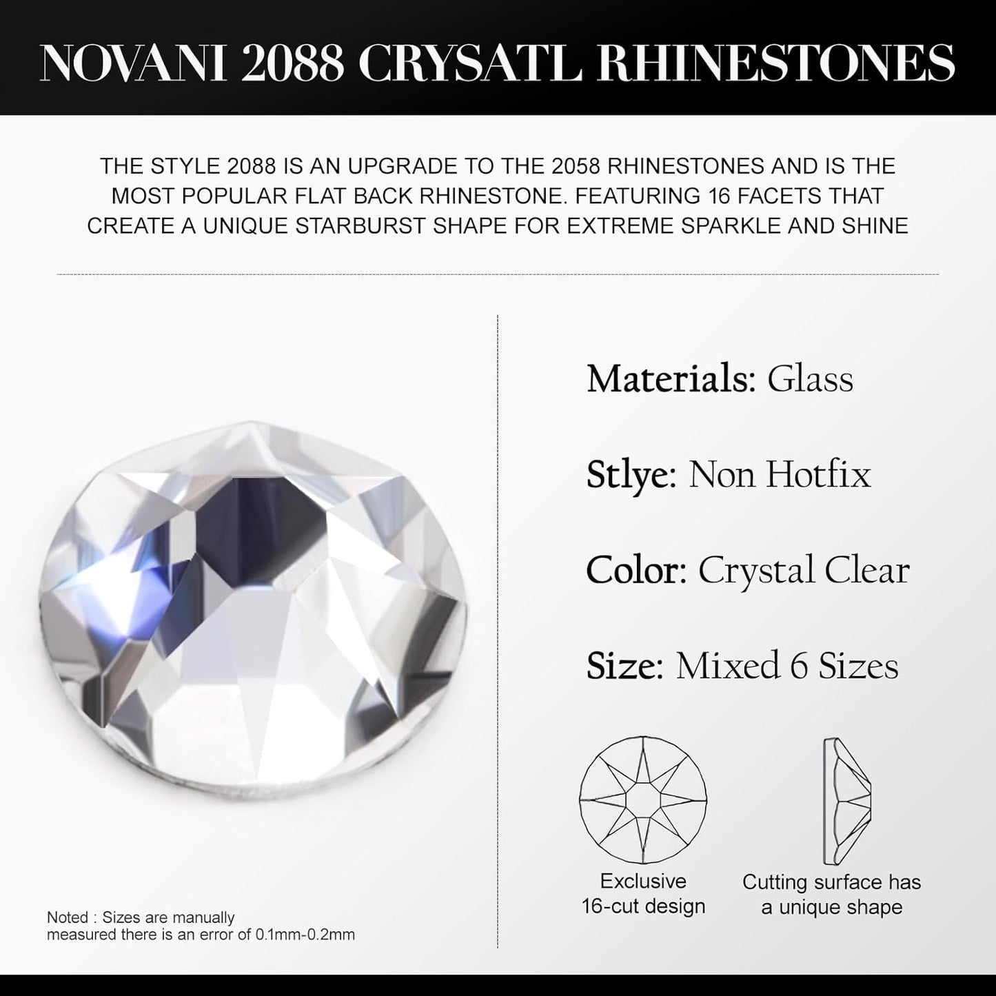 Novani Clear Rhinestones Flat Back Round Rhinestone Style 2088 Sparkly Crystal Gemstones for Crafting,Mixed Large Size(SS12-SS40，600PCS)